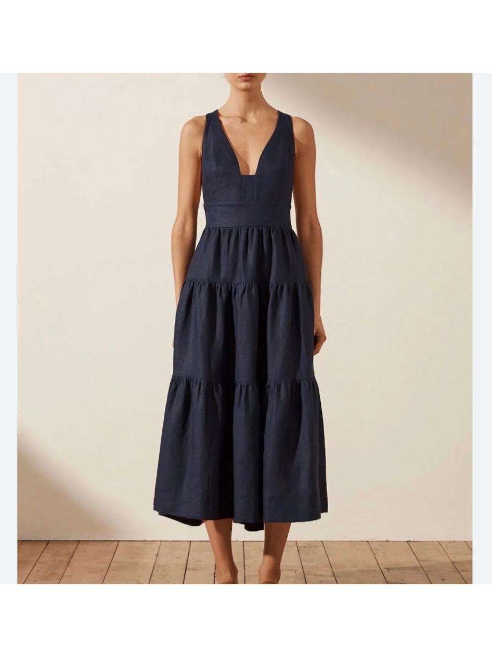 Shona Joy Ligia Plunged Cross Back Linen Midi Dress Navy Blue Size 2